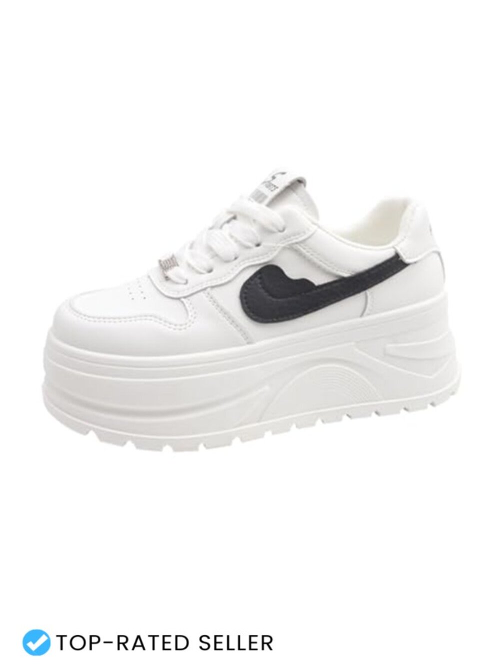 White & Black Platform Sneakers with 7CM Height Boost, Lace-Up Chunky Faux